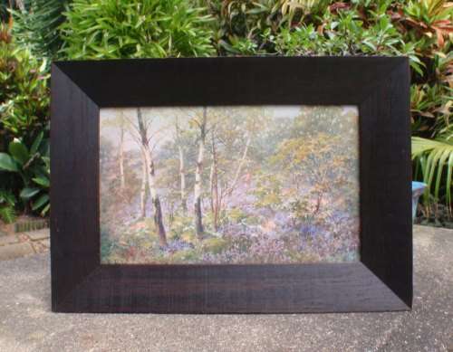 VINTAGE: BEAUTIFUL ETHERIAL PRINT OF PAINTING BY S.SHELTON, BLUEBELLS. IN EBONIZED VINTAGE FRAME.