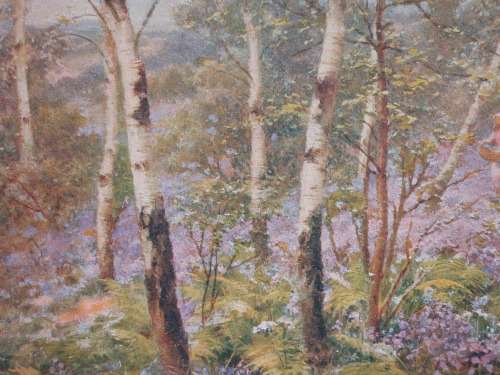 VINTAGE: BEAUTIFUL ETHERIAL PRINT OF PAINTING BY S.SHELTON, BLUEBELLS. IN EBONIZED VINTAGE FRAME.