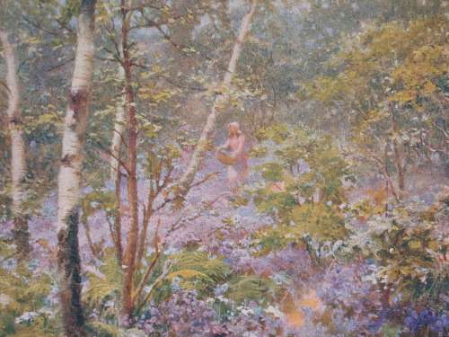 VINTAGE: BEAUTIFUL ETHERIAL PRINT OF PAINTING BY S.SHELTON, BLUEBELLS. IN EBONIZED VINTAGE FRAME.