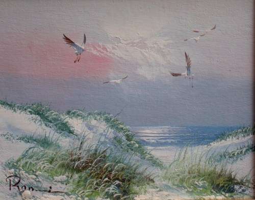 BEAUTIFUL SEASCAPE `SEABIRDS NESTING ON DUNES ` WELL FRAMED - READY TO HANG!