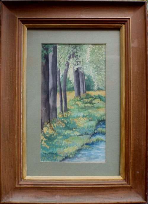 VINTAGE: BEAUTIFULL ORIGINAL WATERCOLOUR signed PAM WHITTAKER. SPRING STREAM, WOODLAND DAFFADILS