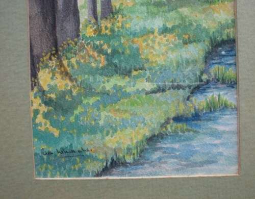 VINTAGE: BEAUTIFULL ORIGINAL WATERCOLOUR signed PAM WHITTAKER. SPRING STREAM, WOODLAND DAFFADILS