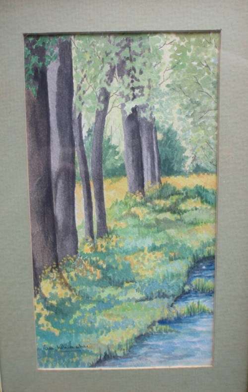 VINTAGE: BEAUTIFULL ORIGINAL WATERCOLOUR signed PAM WHITTAKER. SPRING STREAM, WOODLAND DAFFADILS
