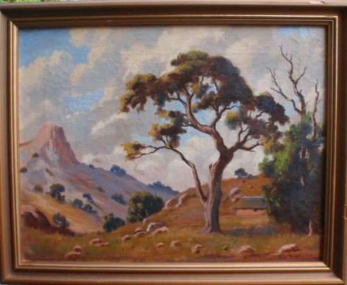 INVESTMENT SOUTH AFRICAN ART - JOHANNES HENDRIK RABE, LISTED ARTIST, LANDSCAPE DATED 1950. (1907-)
