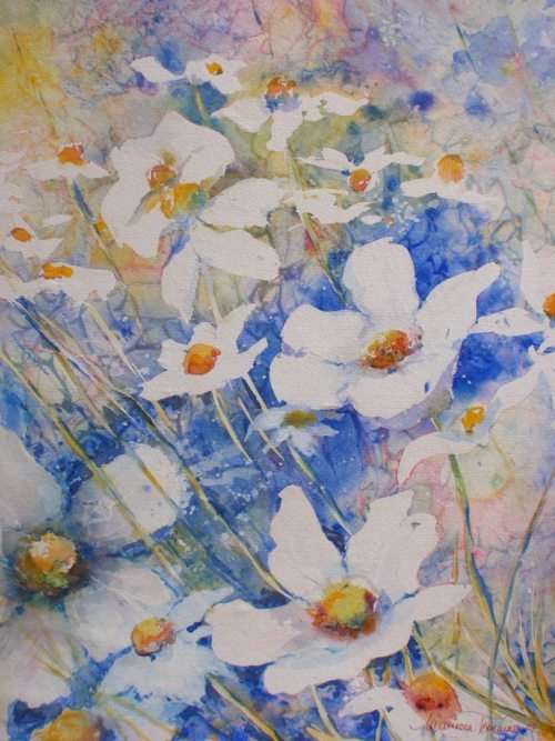 BEAUTIFUL ORIGINAL WATERCOLOUR - WHITE DAISIES IN CHINA BLUE BACKGROUND.
