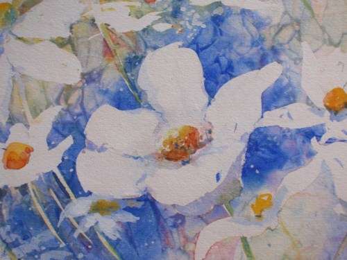 BEAUTIFUL ORIGINAL WATERCOLOUR - WHITE DAISIES IN CHINA BLUE BACKGROUND.