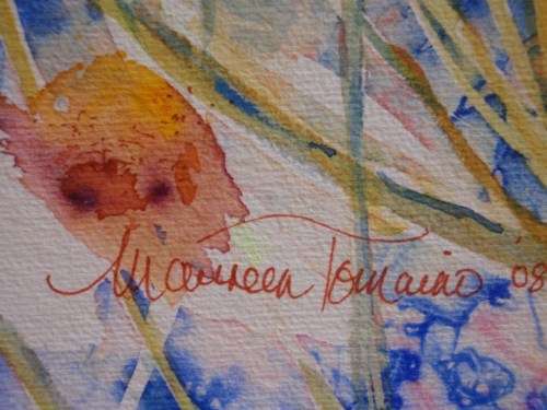 BEAUTIFUL ORIGINAL WATERCOLOUR - WHITE DAISIES IN CHINA BLUE BACKGROUND.