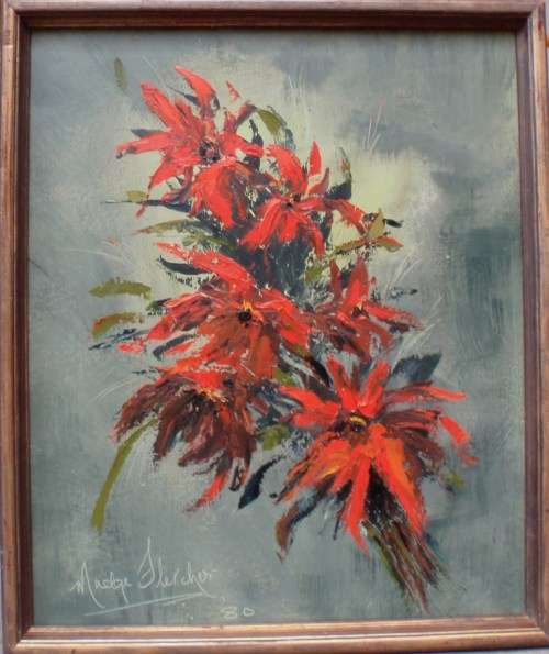 VINTAGE ORIGINAL OIL MADGE FLETCHER `80 - DRAMATIC POINTSETTIAS - VIBRANT HUES!