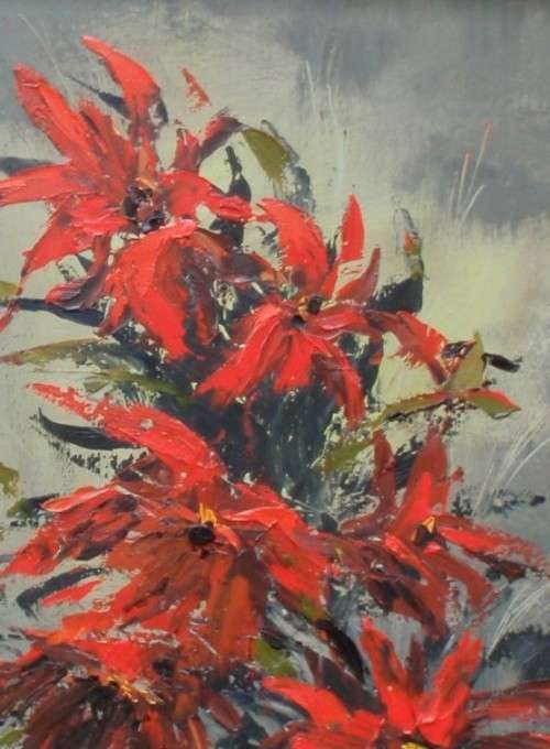 VINTAGE ORIGINAL OIL MADGE FLETCHER `80 - DRAMATIC POINTSETTIAS - VIBRANT HUES!