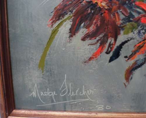 VINTAGE ORIGINAL OIL MADGE FLETCHER `80 - DRAMATIC POINTSETTIAS - VIBRANT HUES!
