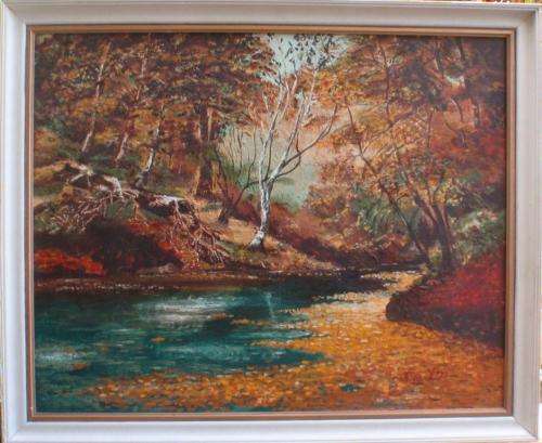 VINTAGE ORIGINAL OIL PAINTING - STUNNING AUTUMN SCENE, RHODESIA.  SIGNED NORA T.  `73