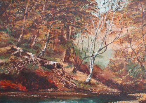 VINTAGE ORIGINAL OIL PAINTING - STUNNING AUTUMN SCENE, RHODESIA.  SIGNED NORA T.  `73