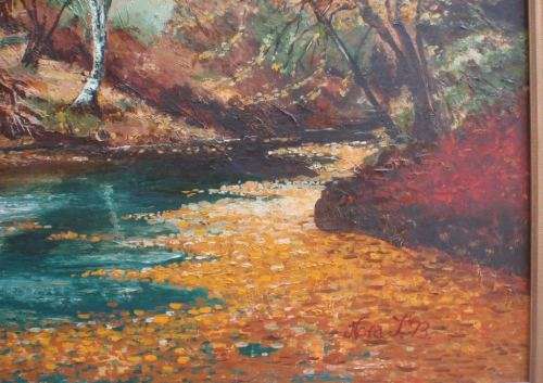 VINTAGE ORIGINAL OIL PAINTING - STUNNING AUTUMN SCENE, RHODESIA.  SIGNED NORA T.  `73