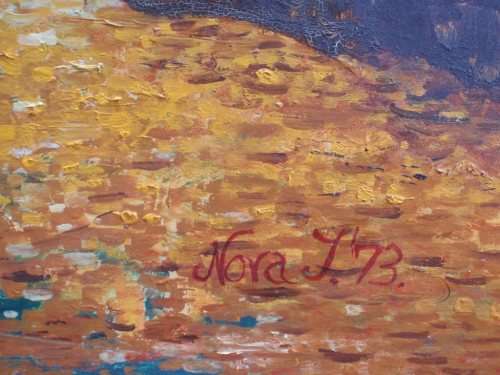 VINTAGE ORIGINAL OIL PAINTING - STUNNING AUTUMN SCENE, RHODESIA.  SIGNED NORA T.  `73