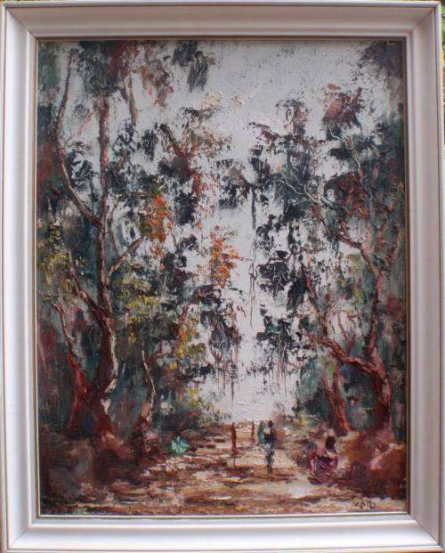 VINTAGE IMPRESSIONIST OIL PAINTING  BY MOTO - CENTRAL AFRICAN ARTIST. FRAMERS LABEL SAYS `SALISBURY`