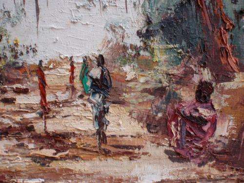 VINTAGE IMPRESSIONIST OIL PAINTING  BY MOTO - CENTRAL AFRICAN ARTIST. FRAMERS LABEL SAYS `SALISBURY`
