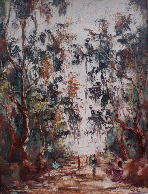 VINTAGE IMPRESSIONIST OIL PAINTING  BY MOTO - CENTRAL AFRICAN ARTIST. FRAMERS LABEL SAYS `SALISBURY`