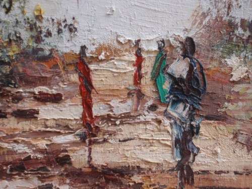 VINTAGE IMPRESSIONIST OIL PAINTING  BY MOTO - CENTRAL AFRICAN ARTIST. FRAMERS LABEL SAYS `SALISBURY`