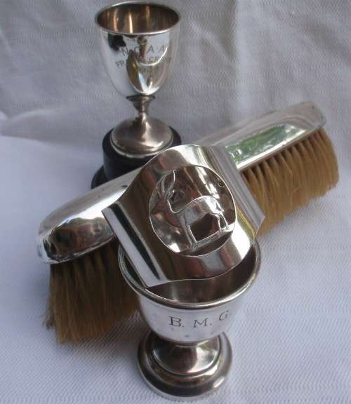 Silver hall marked - job lot for sale. Antique brush, trophy, egg cup and napkin ring.