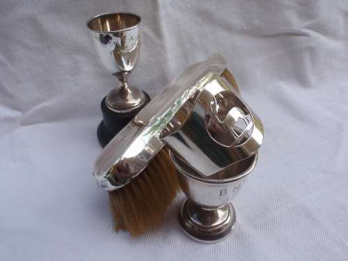 Silver hall marked - job lot for sale. Antique brush, trophy, egg cup and napkin ring.