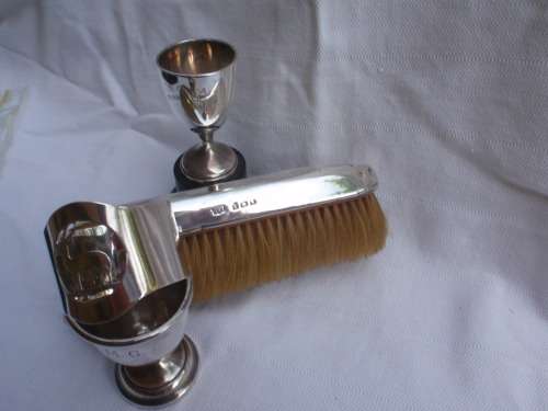 Silver hall marked - job lot for sale. Antique brush, trophy, egg cup and napkin ring.