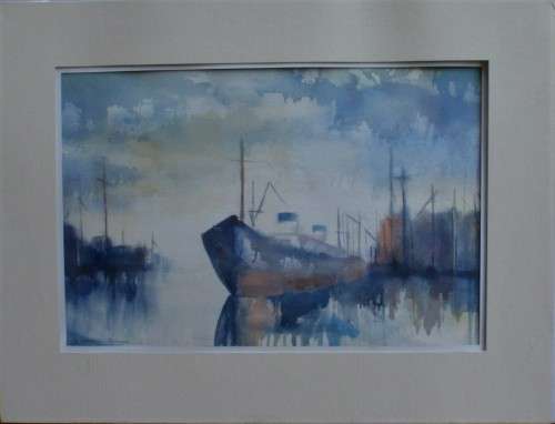 Absolutely stunning, sophisticated original watercolour in neutral hues by S.Leighton Thomas - ships