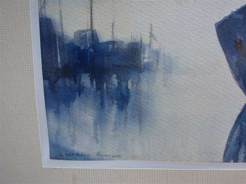Absolutely stunning, sophisticated original watercolour in neutral hues by S.Leighton Thomas - ships