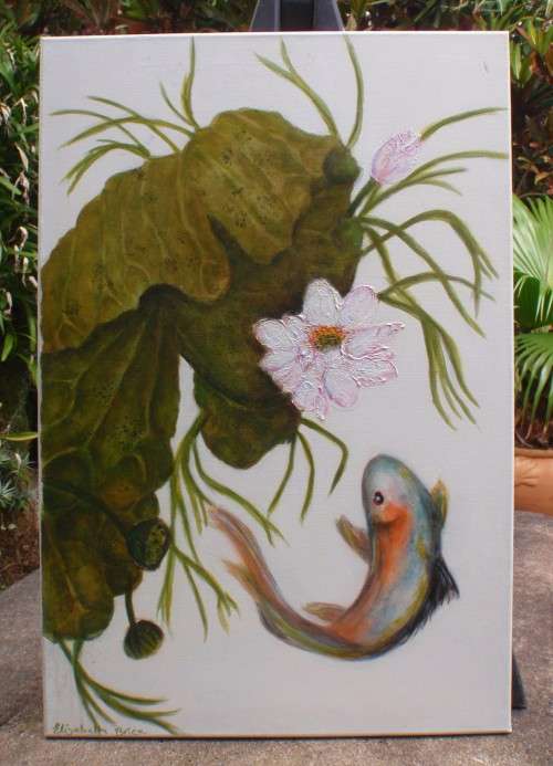 Gorgeous orignal painting  by Elizabeth Brice `Koi and Lotus Flower` dreamy minimalist art - lovely!