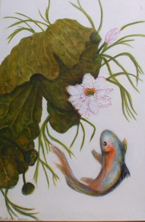 Gorgeous orignal painting  by Elizabeth Brice `Koi and Lotus Flower` dreamy minimalist art - lovely!