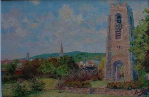 Original oil impressionist R.S.Rankin 1973 - Grahamstown St.Andrews clock tower - historical beauty