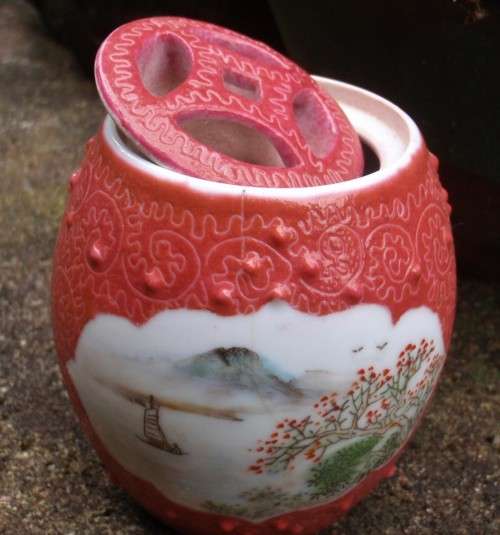 Chinese Jar with ornate lid - beautifully decorated with river scenes.
