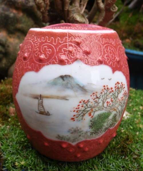 Chinese Jar with ornate lid - beautifully decorated with river scenes.