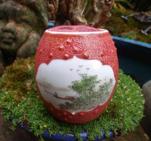 Chinese Jar with ornate lid - beautifully decorated with river scenes.