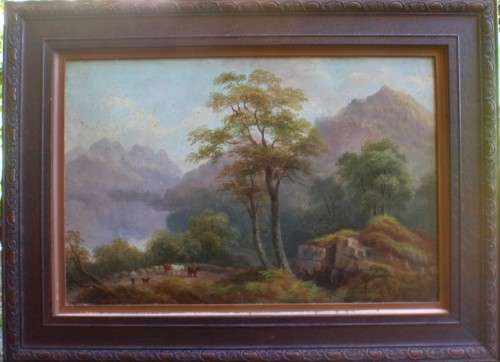 Antique oil painting by Charlotte Faber in beautiful ornate oak frame - pastoral landscape with cows
