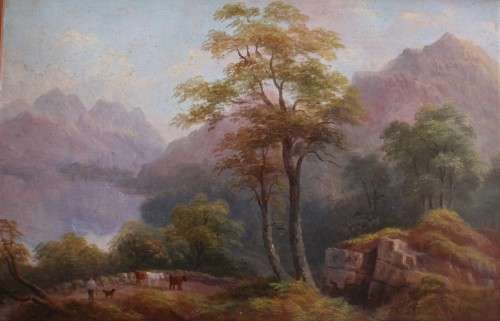 Antique oil painting by Charlotte Faber in beautiful ornate oak frame - pastoral landscape with cows