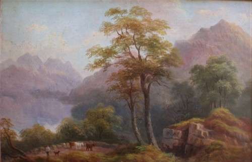 Antique oil painting by Charlotte Faber in beautiful ornate oak frame - pastoral landscape with cows