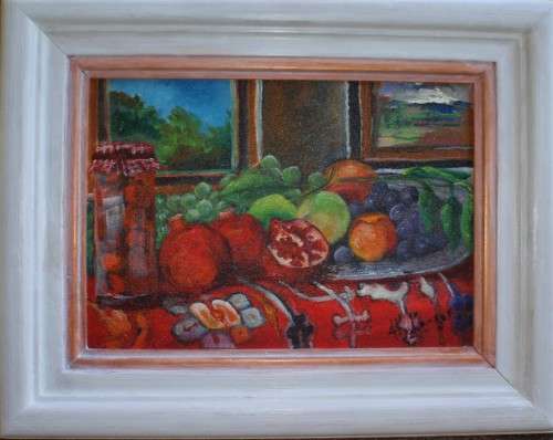 Original oil by H.Kruger - Vibrant still life with pomegranates - shabby chic frame - Lovely piece.