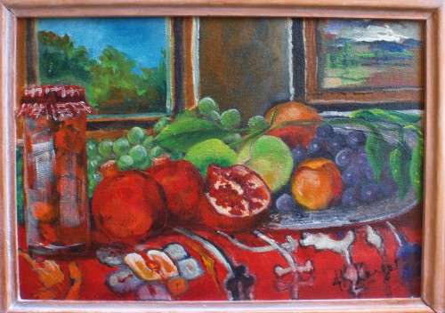Original oil by H.Kruger - Vibrant still life with pomegranates - shabby chic frame - Lovely piece.
