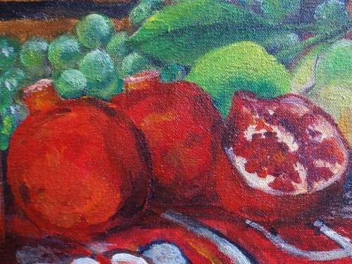 Original oil by H.Kruger - Vibrant still life with pomegranates - shabby chic frame - Lovely piece.