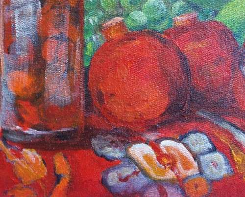 Original oil by H.Kruger - Vibrant still life with pomegranates - shabby chic frame - Lovely piece.