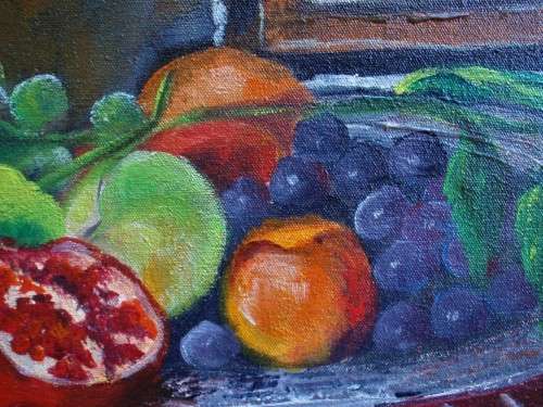 Original oil by H.Kruger - Vibrant still life with pomegranates - shabby chic frame - Lovely piece.