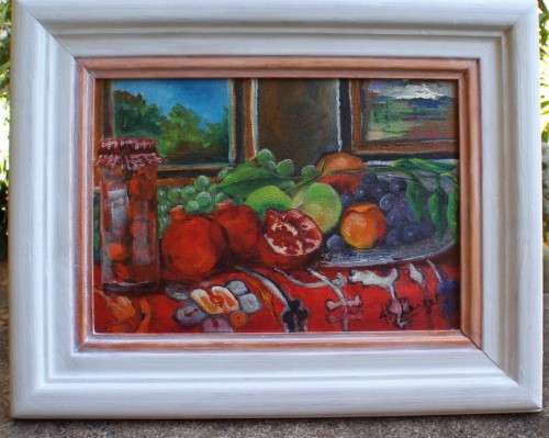 Original oil by H.Kruger - Vibrant still life with pomegranates - shabby chic frame - Lovely piece.