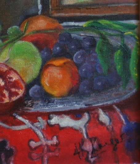 Original oil by H.Kruger - Vibrant still life with pomegranates - shabby chic frame - Lovely piece.