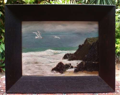 Vintage original oil, circa 1940-50s. Seascape, nesting seafgulls on clifftop, ebonized oak frame