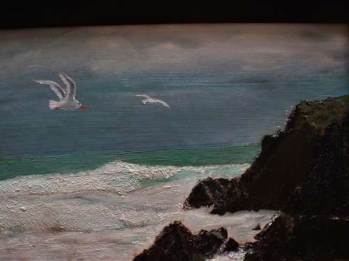 Vintage original oil, circa 1940-50s. Seascape, nesting seafgulls on clifftop, ebonized oak frame