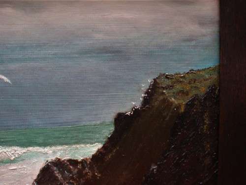 Vintage original oil, circa 1940-50s. Seascape, nesting seafgulls on clifftop, ebonized oak frame