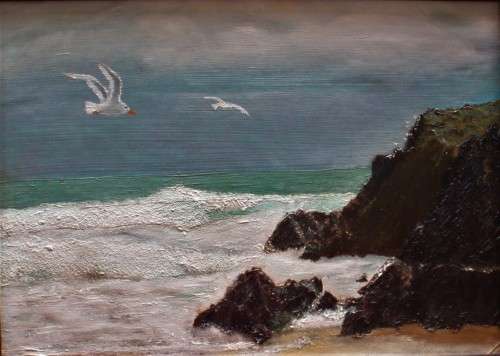 Vintage original oil, circa 1940-50s. Seascape, nesting seafgulls on clifftop, ebonized oak frame