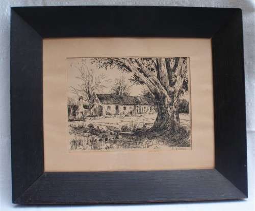 Original ink drawing of S.African Cape homestead - fabulous detail. Vintage piece in ebonized frame.