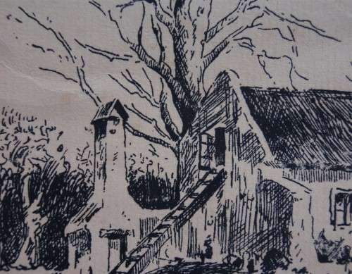 Original ink drawing of S.African Cape homestead - fabulous detail. Vintage piece in ebonized frame.