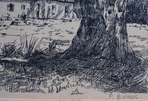 Original ink drawing of S.African Cape homestead - fabulous detail. Vintage piece in ebonized frame.